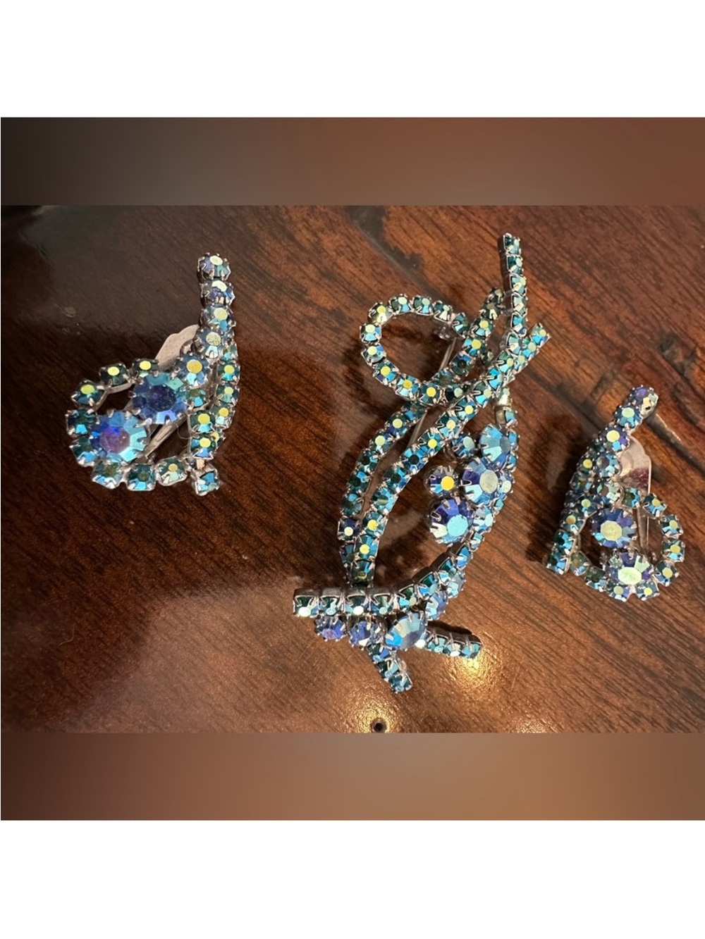 Blue Crystal Swirl Brooch and Clip-On Earring Set